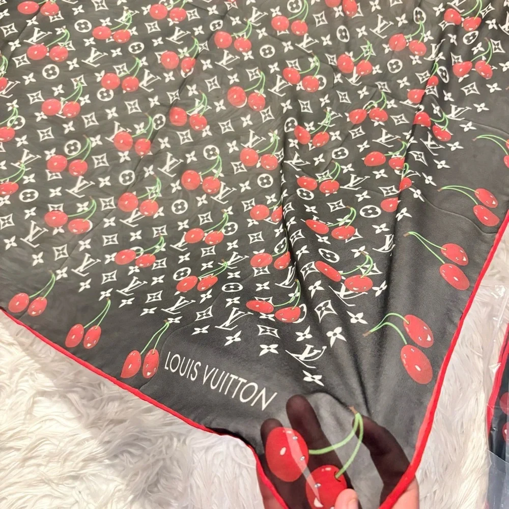 LOUIS VUlTTON 100% silk cherry print monogram scarf 40x40 custom print design